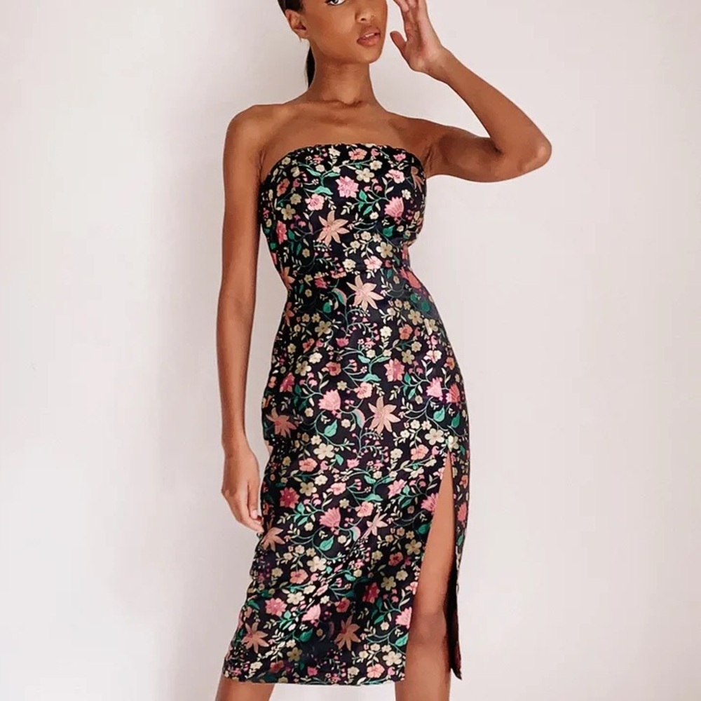 NEW Lulus MAKE A MOVE Black Satin Floral Jacquard Midi Dress XS